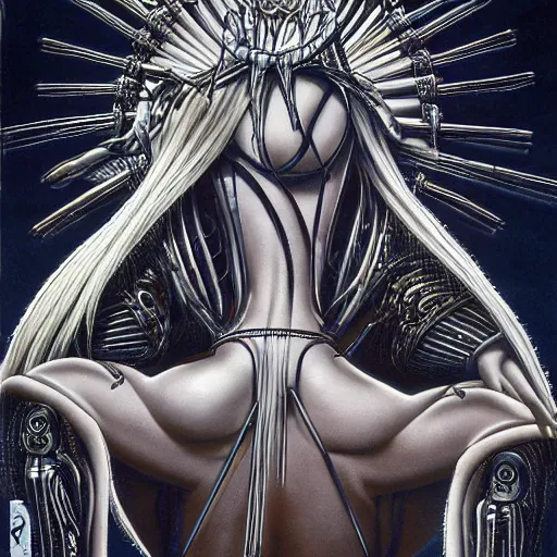 Image similar to britney spears obscene biomechanic, complex scene, rich composition, heavy in detail, corruption, symmetrical, smooth, sharp focus, airbrush, illustration, art by h. r. giger