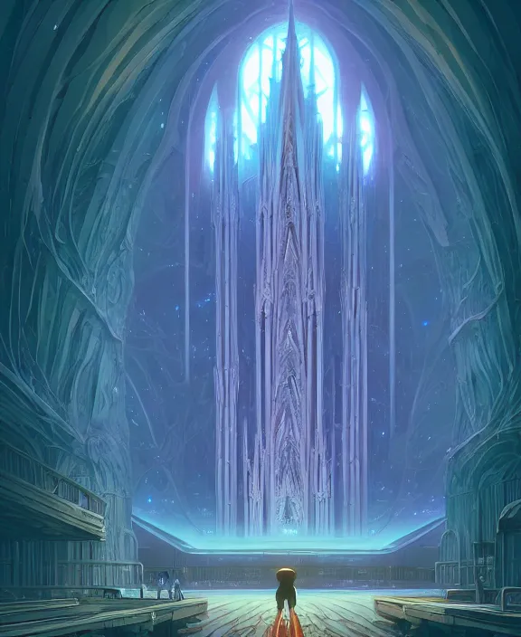 Image similar to simplicity, a small cathedral made out of biological creature forms, in the style of a spaceship, magic spells in the air, by dan mumford, yusuke murata, makoto shinkai, ross tran, cinematic, unreal engine, cel shaded, featured on artstation, pixiv