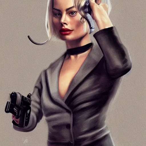 Image similar to a margot robbie wearing a business, she has grey hair and is holding a revolver, digital painting, smooth, hd, realist, artstation, deviantart