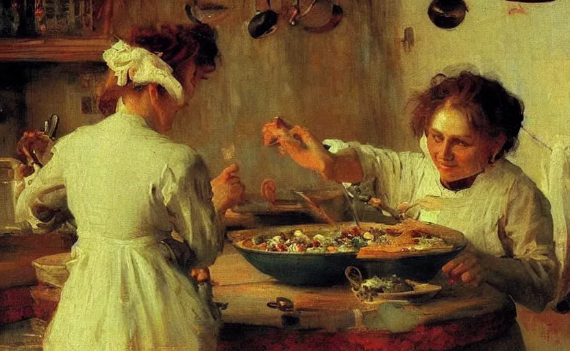 Prompt: high quality high detail painting by ilya repin, monster cooking in the kitchen, hd