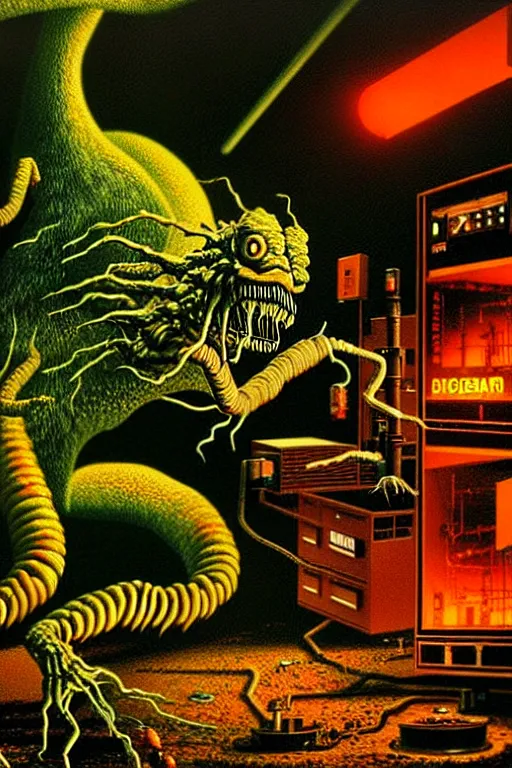 Image similar to a hyperrealistic detailed painting of a code red emergency at the nuclear power plant, radioactive scorpion radiation monster eating the laboratory, depth of field, by chris cunningham and richard corben, highly detailed, vivid color,