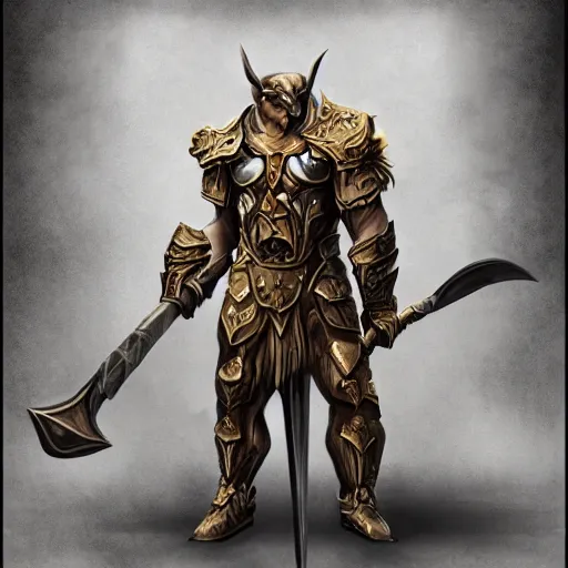 Image similar to Giant minotaur humanoid beast warrior with two handed axe, concept art, heavy white and golden armor, giant horns, portrait, dungeons and dragons, hyperrealism, high details, digital painting, dark fantasy