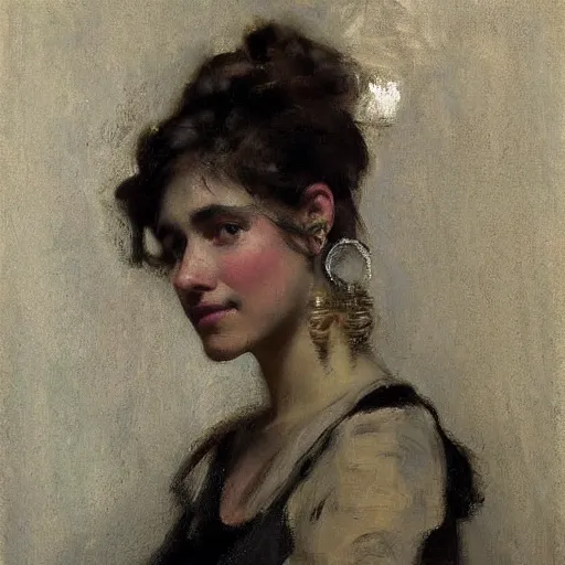 Prompt: portrait of gypsy girl, large silver round earrings, painted by john singer sargent, jeremy lipking, jeremy mann