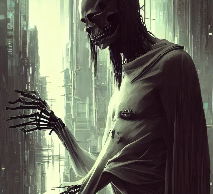 Image similar to cyberpunk skeleton jesus, noir, sharp focus, intricate, illustration, cell shaded, digital painting, highly detailed, matte, art by ilya kuvshinov, wlop, greg rutkowski, reflections, studio quality, james jean, artem demura