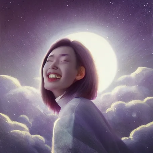 Prompt: 3 d, sci - fi, night, moon, moon rays, fashion model smiling face, cinematic, clouds, vogue cover style, realistic painting, intricate oil painting, high detail illustration, figurative art, multiple exposure, poster art, 3 d, by tooth wu and wlop and beeple and greg rutkowski