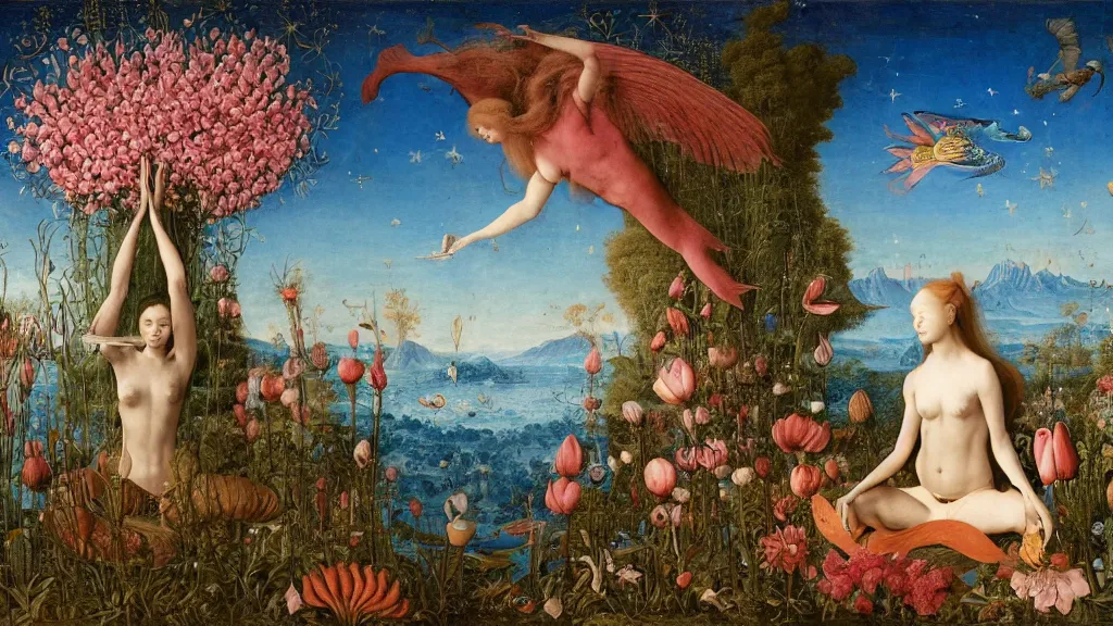 Prompt: a fish eye lense photograph of a meditating harpy mermaid surrounded by towering bulbous flowers. wide landscape with mountains, river. clear blue sky with stars. painted by jan van eyck, max ernst and ernst haeckel. trending on artstation, 8 k, award winning, fashion editorial, mythology, photorealistic, burning eyes