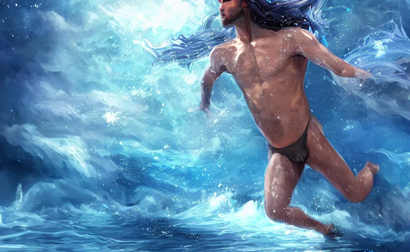 Image similar to Full body of young Poseidon flying and emerging from water with blue magic, light particles, digital painting, trending in Art Station, epic and amazing, 4k, very detailed,