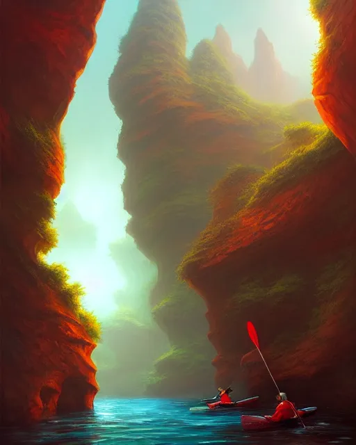 Prompt: kayaking through a narrow canyon dreamscape, fantasy surrealism art by andreas rocha, jacek yerka, artstation