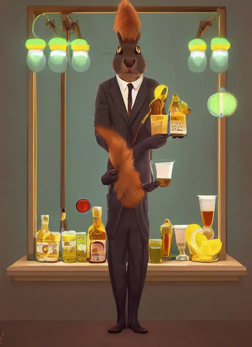 Prompt: squirrel anthro as a dapper bartender with a big, fluffy tail, retro futurism, art deco, detailed, painterly digital art by WLOP and Cory Loftis and Quint Buchholz, 🐿🍸🍋, furaffinity, trending on artstation