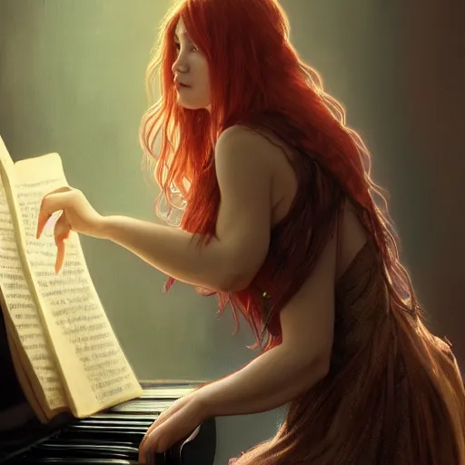 Prompt: a Photorealistic dramatic fantasy render of a beautiful redhaired woman playing the piano who is Elesky the Streamer, by WLOP,Artgerm,Greg Rutkowski,Alphonse Mucha, Beautiful dynamic dramatic dark moody lighting,shadows,cinematic atmosphere,Artstation,concept design art,Octane render,8K The seeds for each individual image are: [278737215, 4067835903, 1574338687, 3639917567, 3600094719, 3087612927, 1820828159, 797923263]