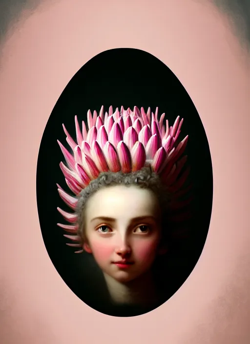 Image similar to stunning american godess princess, detailed pink and white protea head peace against a black backdrop by ivan aivazovsky, wlop, super sharp details, photorealism, canon 5 d, 5 0 mm lens, stunning photoshot, beautiful soft lighting, muted colours, artstation
