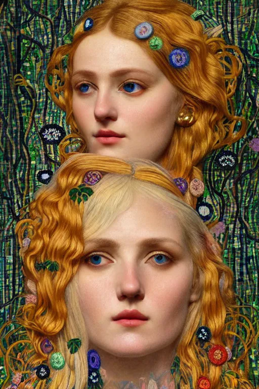 Prompt: portrait of a realistic ethereal woman with blond hair covering one eye with one hand, wearing a mosaic dress in the forest at night, in the style of john william godward and gustav klimt, intricate details, colorful, high detail, 8 k, art nouveau, face symmetry, masterpiece, sharp focus