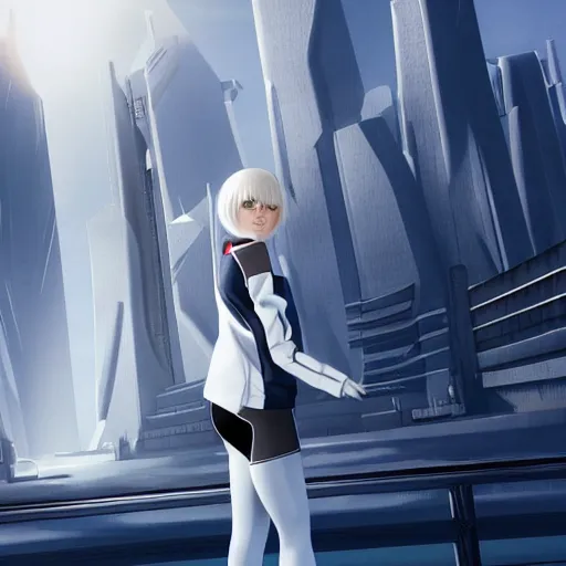 Image similar to platinum - blonde - haired bob cut blue - eyed princess wearing white leggings and black jacket, standing next to communist monument, futuristic city, anime, hd anime wallpaper, hyperrealistic lighting, octane render, volumetric lighting, drawn by artgerm