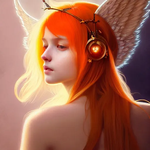 Prompt: Portrait of a girl angel with pale orange colored frizzy strands of illuminated hair, cat ears on her head, glowing halo, wings on her back, fantasy, intricate, elegant, highly detailed, digital painting, artstation, concept art, smooth, sharp focus, illustration, art by Krenz Cushart and Artem Demura and alphonse mucha