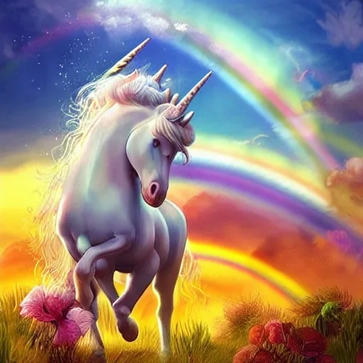 Image similar to a unicorn with a baby unicorn in a beautiful garden with billowing clouds and sunset, with a rainbow in the distance, trending on artstation, dynamic composition, style of Artgerm and Jaime Jones, high detail