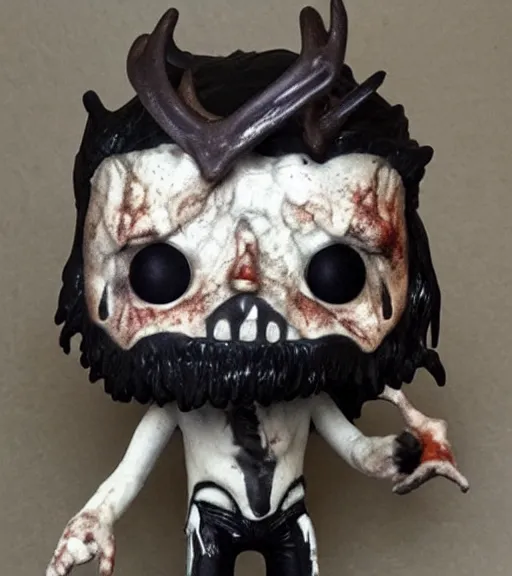 Prompt: limited edition horror themed wendigo with antlers funko pop mini still sealed in box, ebay listing