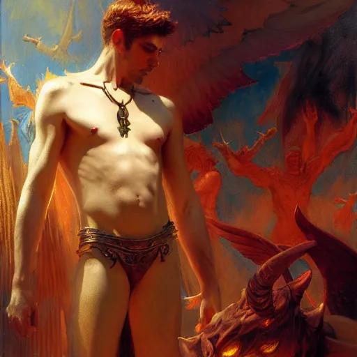 Prompt: attractive male lucifer morningstar casting a spell summoning male demons, they rise from down bellow. highly detailed painting by gaston bussiere, craig mullins, j. c. leyendecker, 8 k