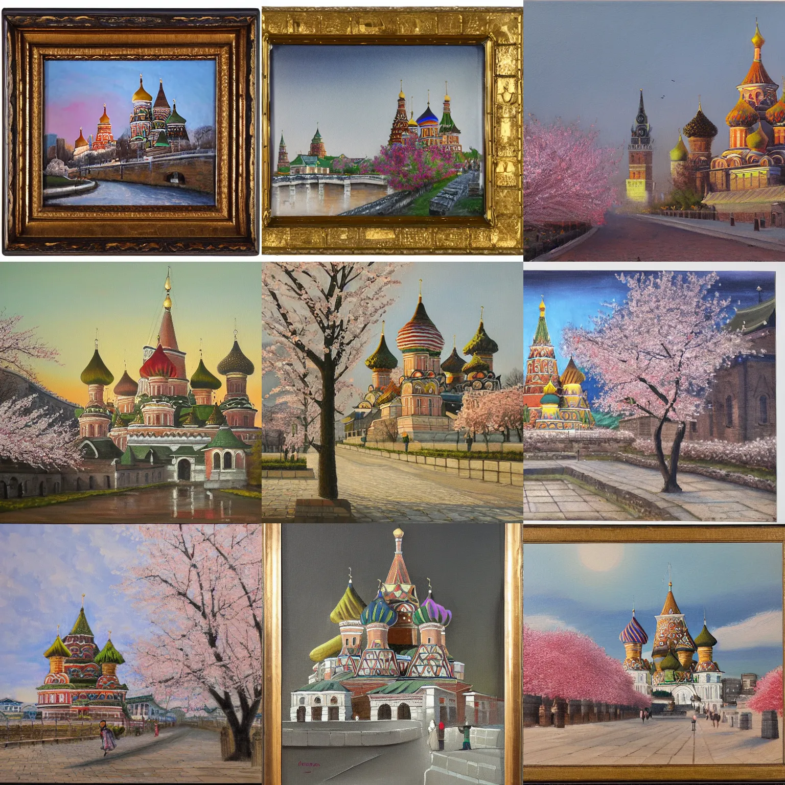 Prompt: korean - style kremlin and korean st. basil's cathedral on wide stone square at sawn, cherry blossom, gentle dawn, realistic painting