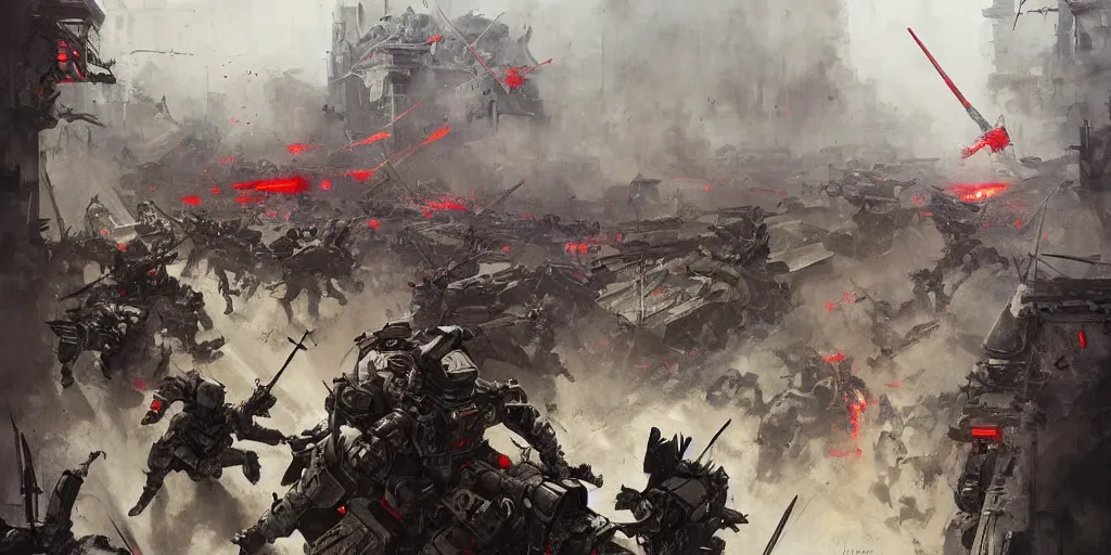 Image similar to french army and civilians are getting slaughtered by demonic samurai robot in the interbellum paris, very detailed painting, concept art, intense heavy street battle, pile of bodies, blood on the streets, art by greg rutkowski and jakub rozalski