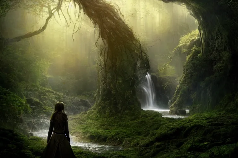 Image similar to an ultra realistic, cinematic, fantasy, headshot portrait, of an elden ring elf, fairy lights, facial features, background of a vast serene landscape, with trees and waterfalls, detailed, deep focus, movie still, dramatic lighting, ray tracing, by michal karcz and yoshitaka amano