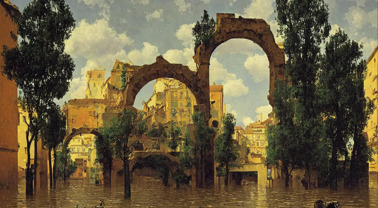 Prompt: a high contrast! painting of a flooded ancient street empty arch by rene magritte carl spitzweg, full - length view, vibrant, symmetry, great composition, high detail, cinematic lighting, masterpiece