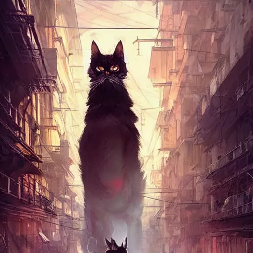 Image similar to gigantic cat walking on apocalyptic city, very detailed fine art, top of pinterest, trend of artistation, style of ( ( kadinski ) ) ( ( ( ( ( greg rutkowski ) ) ) ) ) and ilia kuvshinov