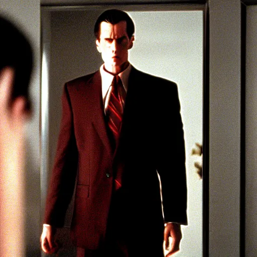 Image similar to a still of a Draconian in the American Psycho (2000), doing the Bateman stare, cinematic still, 4K Bluray