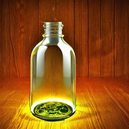 Image similar to life in a bottle, eerie and fantastic, digital art, 8 k, on a wooden table, unique source of light