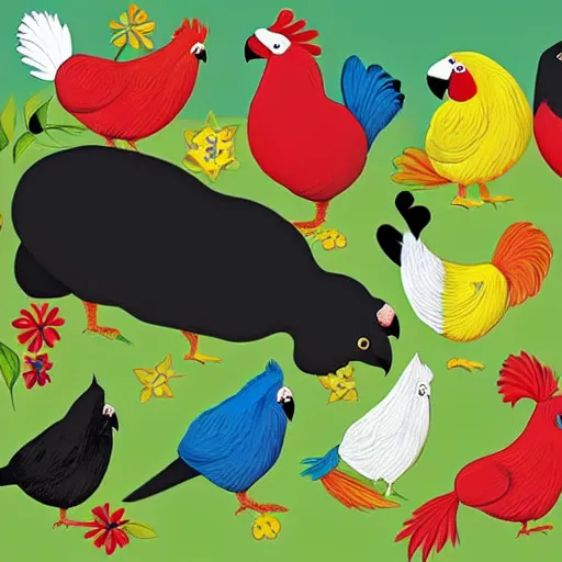 Image similar to black cat and two parrots and a hen