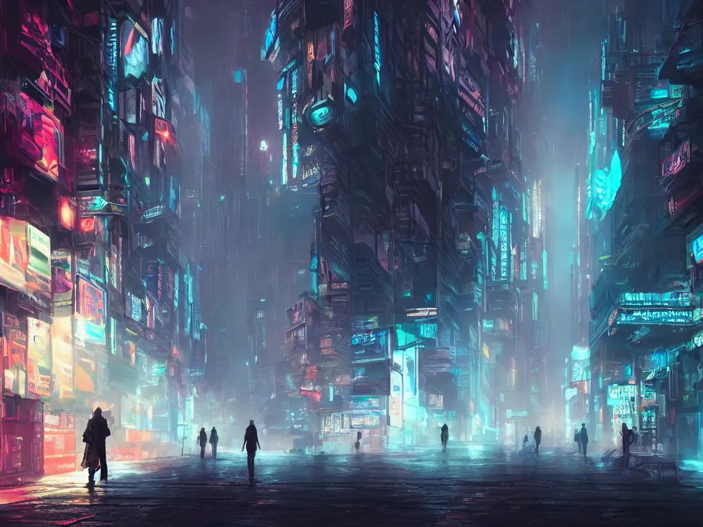 Image similar to a highly detailed digital painting of a nomad wandering a sci - fi cyberpunk city, neon lights, volumetric lighting, atmospheric fog, epic composition, artstation