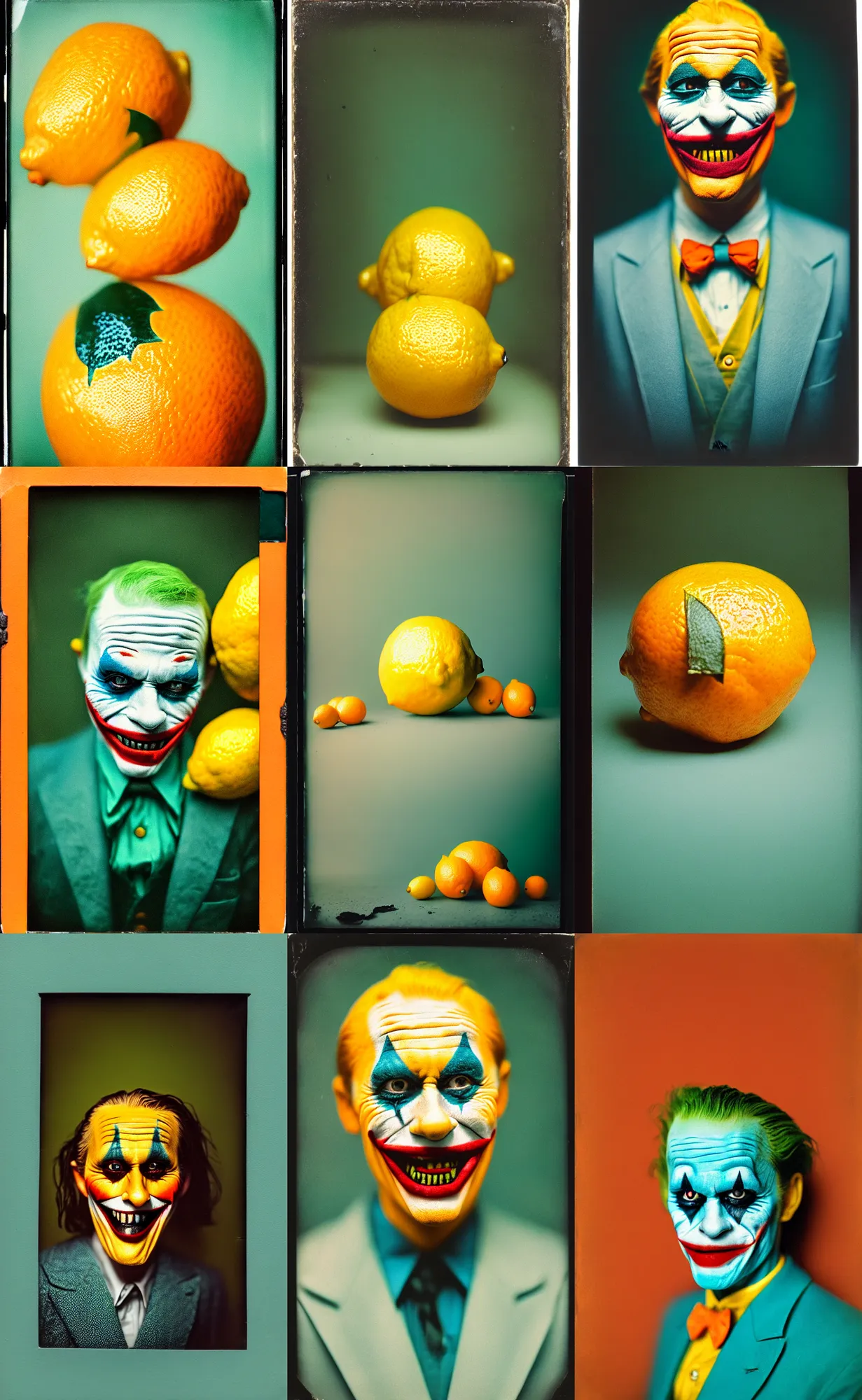 Image similar to kodak portra 4 0 0, wetplate, 8 k, shot of a highly detailed, britt marling style, colour still - life portrait of a lemon looks like 1 9 9 9 joker, teal and orange, muted coloures