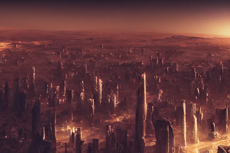 Image similar to cityscape of a city on Mars, futuristic, cinematic lighting