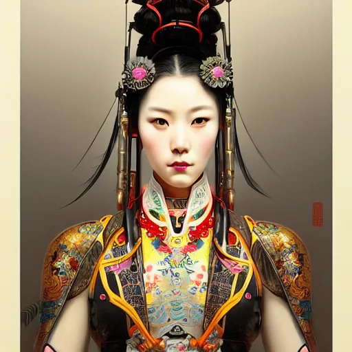 Image similar to a portrait of a female cyberpunk machine, machine face, upper half portrait, decorated with chinese opera motifs, asian, fine china, wuxia, traditional chinese art, intricate, elegant, highly detailed, symmetry, headpiece, digital painting, artstation concept art smooth sharp focus, illustration, art by artgerm and greg rutkowski alphonse mucha 8 k