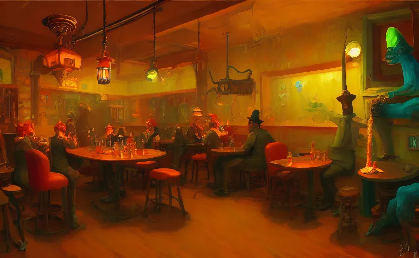 Image similar to A cheerful gnomish steampunk tavern, very coherent, painted by Edward Hopper, Wayne Barlowe, painted by James Gilleard, airbrush, art by JamesJean