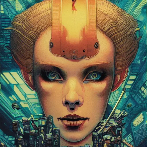 Prompt: portrait of crazy rachael blade runner, symmetrical, by yoichi hatakenaka, masamune shirow, josan gonzales and dan mumford, ayami kojima, takato yamamoto, barclay shaw, karol bak, yukito kishiro