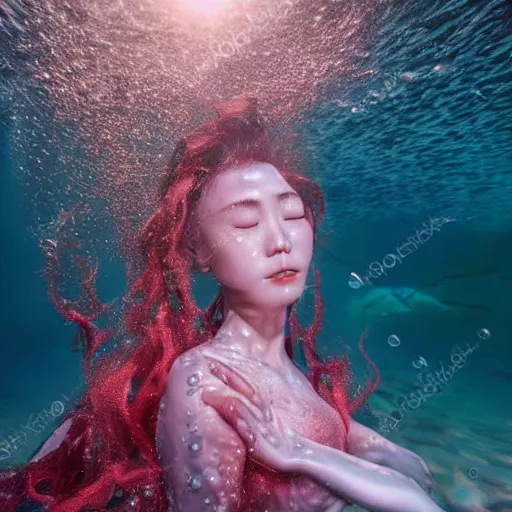 Prompt: beautiful japanese biomecanic mermaid in emotional movement, underwater photography and light scattering, water refractions turned out impressive imho,
