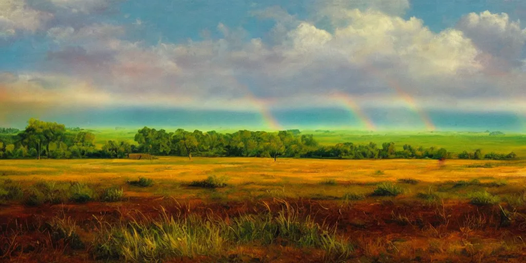 Prompt: Rainbow stretching across the plains, oil painting, professional painting, nature