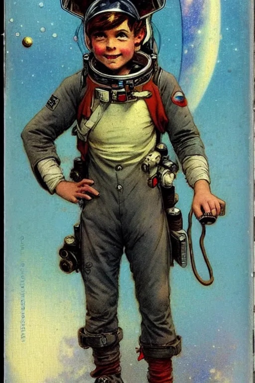 Image similar to ( ( ( ( ( 2 0 5 0 s retro future 1 0 year old boy super scientest in space pirate mechanics costume full portrait. muted colors. ) ) ) ) ) by jean baptiste monge, pulp cover!!!!!!!!!!!!!!!!!!!!!!!