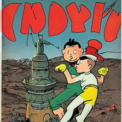 Image similar to comic cover of tintin and snowy in kazakhstan with borat