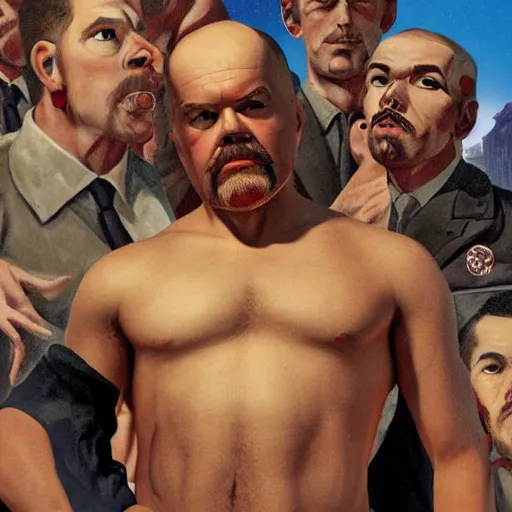 Image similar to lgbt art, tom of finland style, vladimir lenin, in billy herrington body, communism art in 4 k, high quality