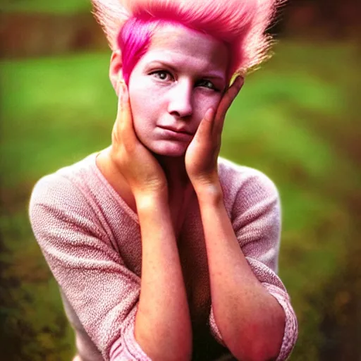 Image similar to a beautiful woman with pink hair and fair skin, portrait photograph, nikon 3 5 mm, photograph by annie leibovitz and steve mccurry,