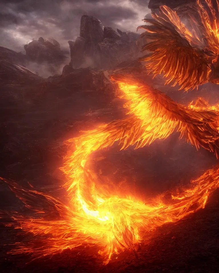 Image similar to a photoreaslistic render of a burning steel ethereal phoenix rising out of the ground, ethereal lighting, pixie dust magic, brilliant glow, cinematic, magic particles, epic scale ultrawide angle, deep vivid colors, explosive energy, like elder scrolls and elden ring and lord of the rings, bursting with debris and pebbles and dust clouds and ash