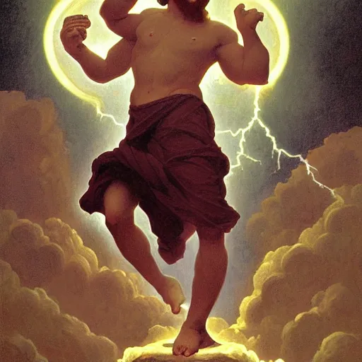 Prompt: Zeus throwing thunders towars the Earth, Gravity Falls (2012), in the style of William-Adolphe Bouguereau, digital art