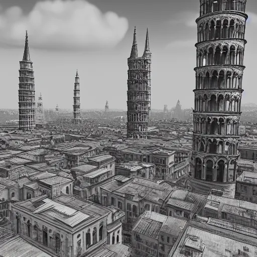 Image similar to city landscape of the leaning towers of pisa, digital art unreal engine 4 k 8 k ultrahd tsutomu nihei