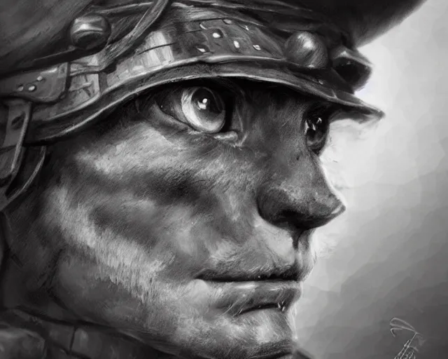 Image similar to A soldier cat warrior in world war one, close-up, realistic face, sharp facial features, mature facial features, black and white, amazing digital art, hyper detailed, artstation, in the style of Tony Sart