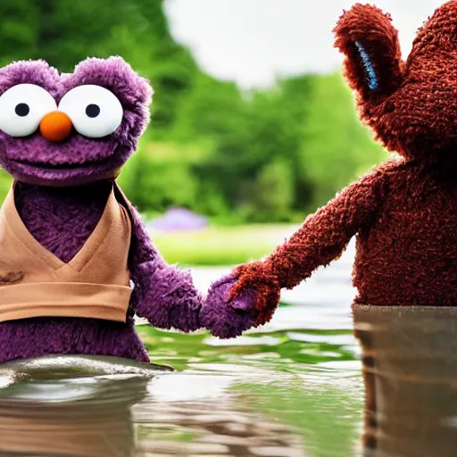 Prompt: a chocolate brown karate loving muppet bunny wearing cool ninja clothes and practicing her karate out in nature by a pond, photorealistic, photography, ambient occlusion, rtx, national geographic, sesame street