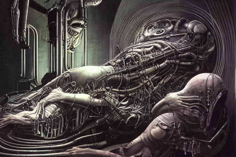 Image similar to the birth of the cyborg sleeping chambre / artificial womb by hr giger. hedonic imperative expressed as a pan - species techno - utopia imagined by jim burns and james gurney, wayne barlowe,. masterpiece scifi artwork, retro, trending on artstation, 8 k