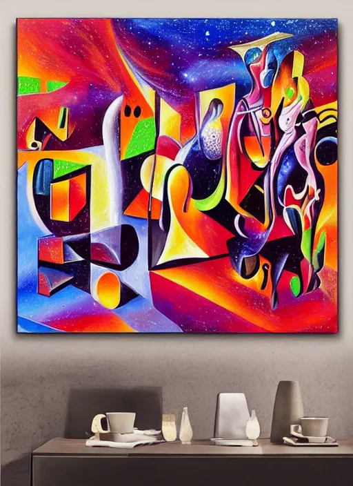 Prompt: a detailed photorealistic surrealism painting of neon cast glass calligraphy cubism figures melting into a warm picasso galaxy landscape by dali and zaha hadid, vivid colors, complimentary colors, melting sun, melting 4d cubes, hallway landscape, 8k, hd, high quality, high contrast, acrylic oil on canvas