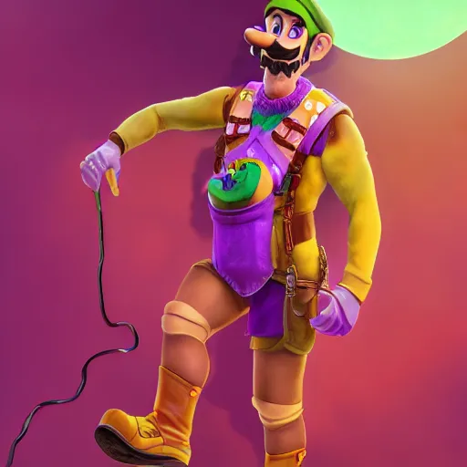 Image similar to highly detailed full body portrait of Waluigi wearing a mankini, digital art, concept art, character art, cinematic lightning, bright colors, intricate, masterpiece, photorealistic, hiperrealistic, sharp focus, high contrast, Artstation HQ, DeviantArt trending, 4k UHD, Unreal Engine 5