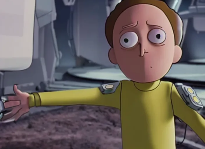 Prompt: film still of morty from rick and morty in the new scifi movie, 4 k